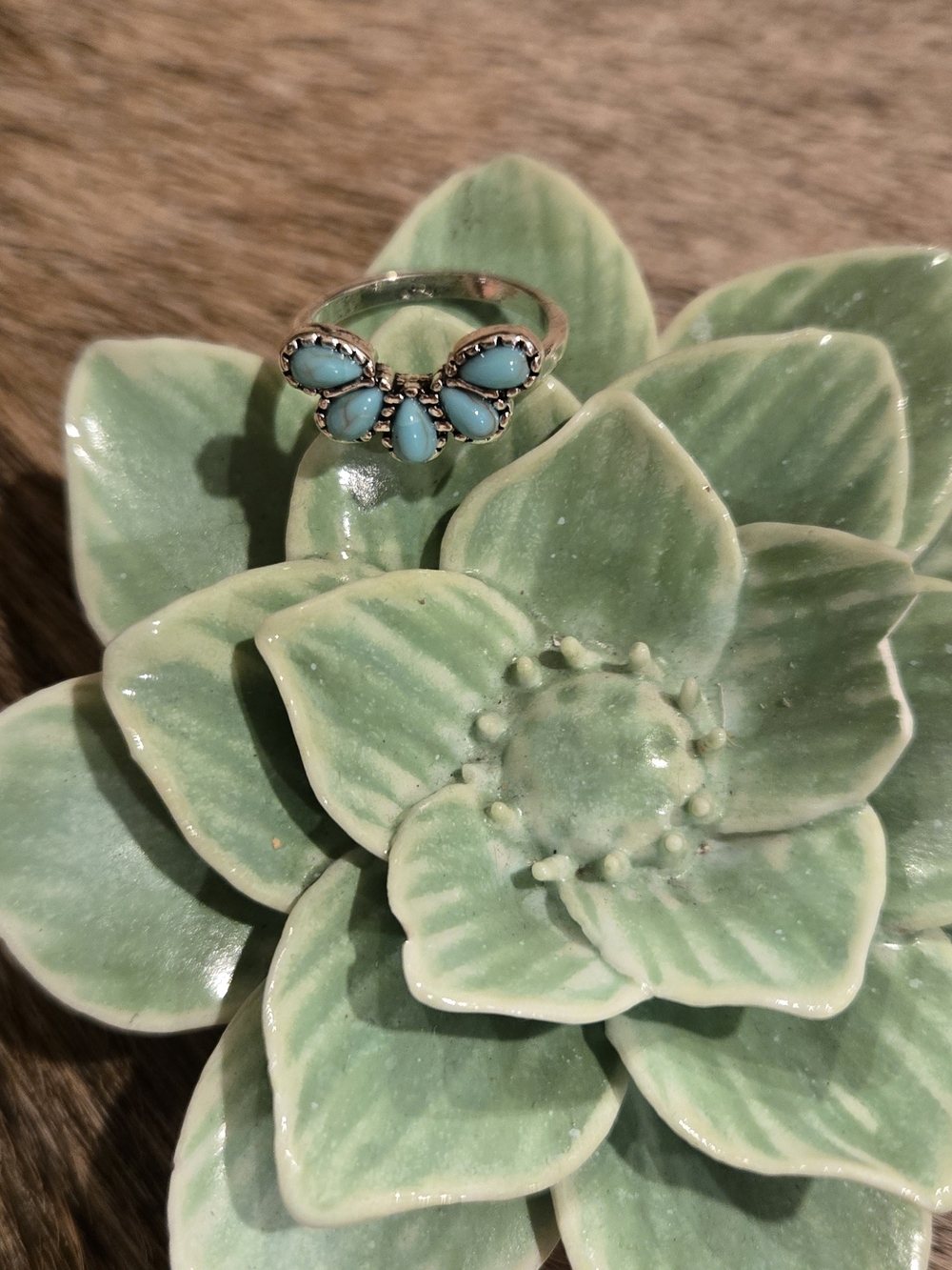 Silver Turquoise Teardrop Floral Squash Blossom Ring - Turquoise Blue